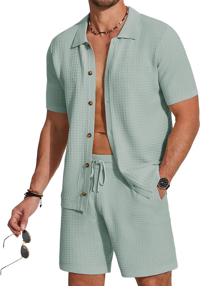 COOFANDY Men's 2 Piece Short Sets Casual Button Down Shirt and Shorts Set Knit Polo Set Vintage Summer Beach Outfits