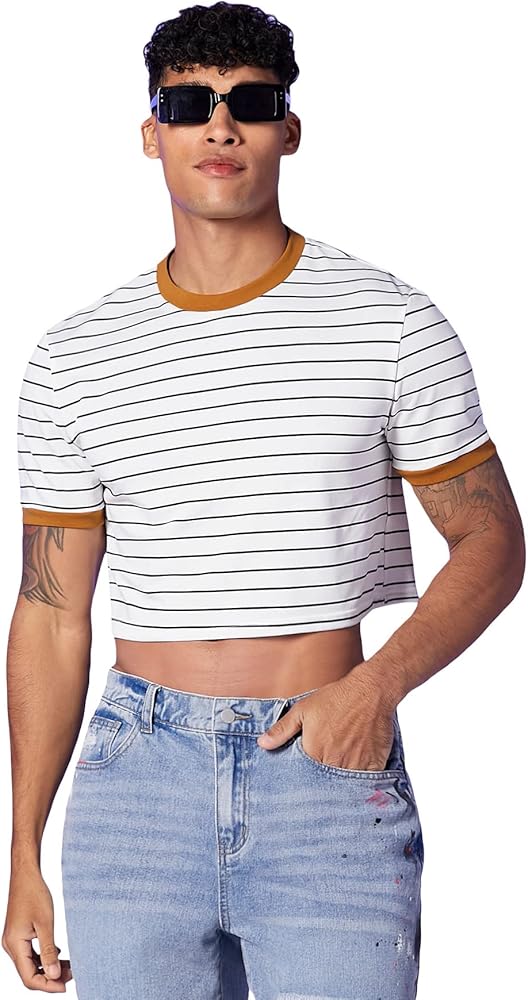 Floerns Men's Striped Print Short Sleeve Contrast Binding T Shirt Crop Top