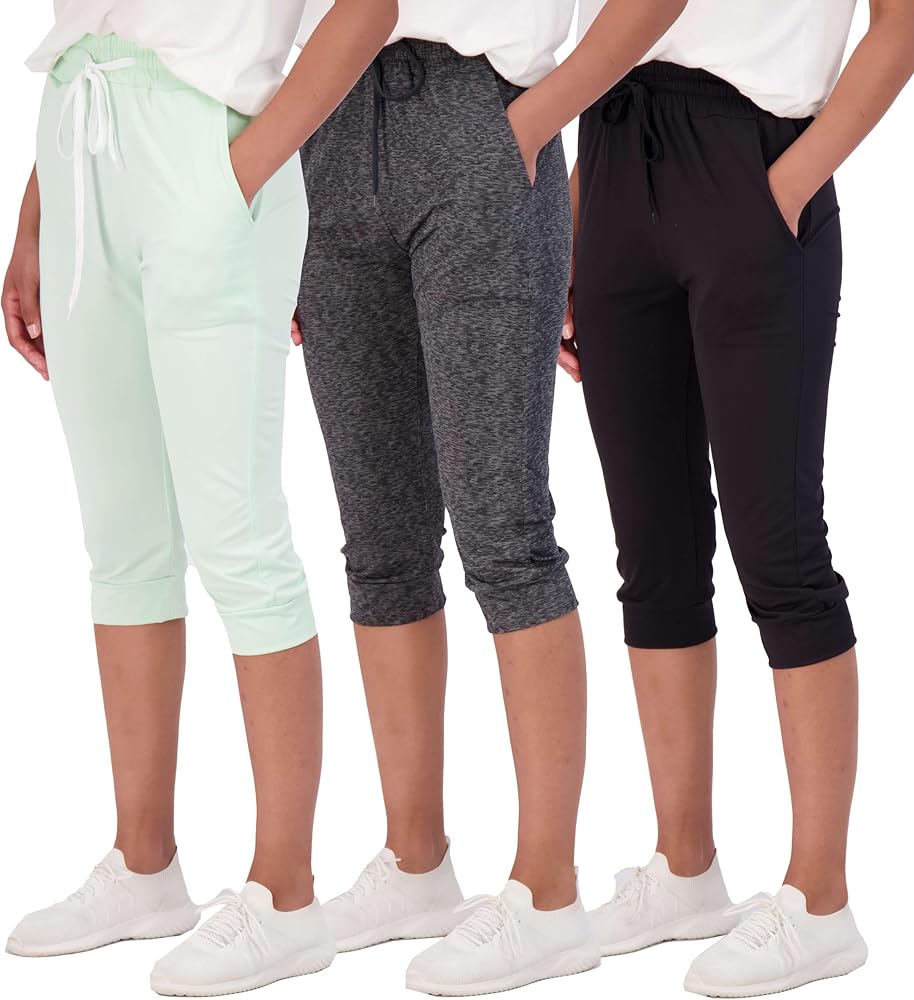 Real Essentials 3-Pack: Women's Capri Joggers Cuffed Athletic Casual Soft Sweatpants with Pockets (Available in Plus Size)