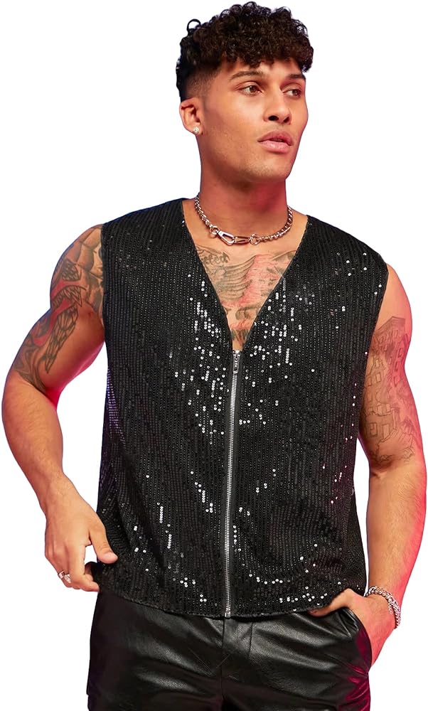 WDIRARA Men's Sequin Zipper Up Vest Fashion Solid Sleeveless V Neck Casual Jacket