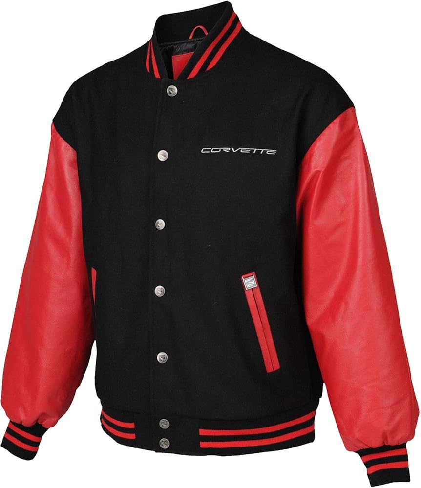 Mens Corvette Racing Outfit Jacket - Casual Style Varsity Wool Outerwear- Black and Red Letterman Jacket