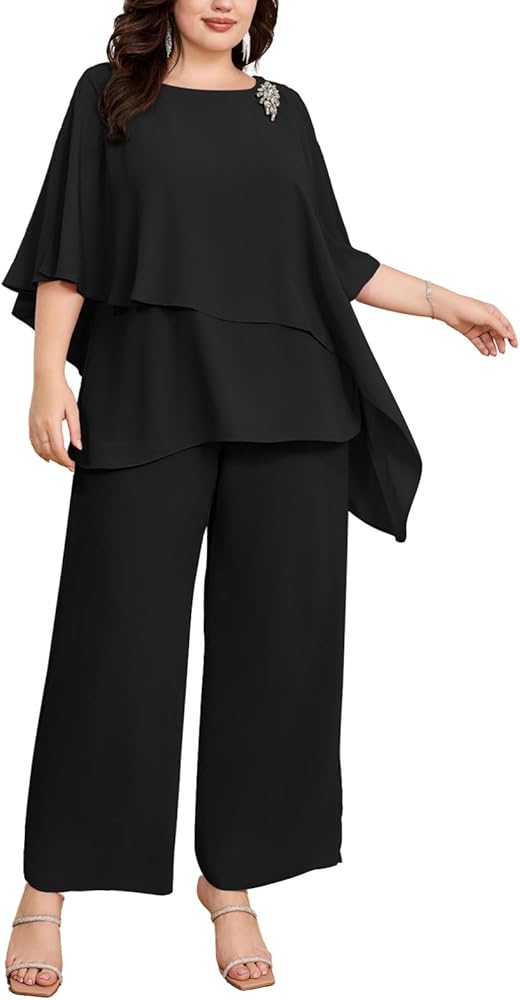 Hanna Nikole Plus Size Mother of Bride Pant Suits 2 Piece Chiffon Sets Ruffle Layers Wedding Guest Outfit