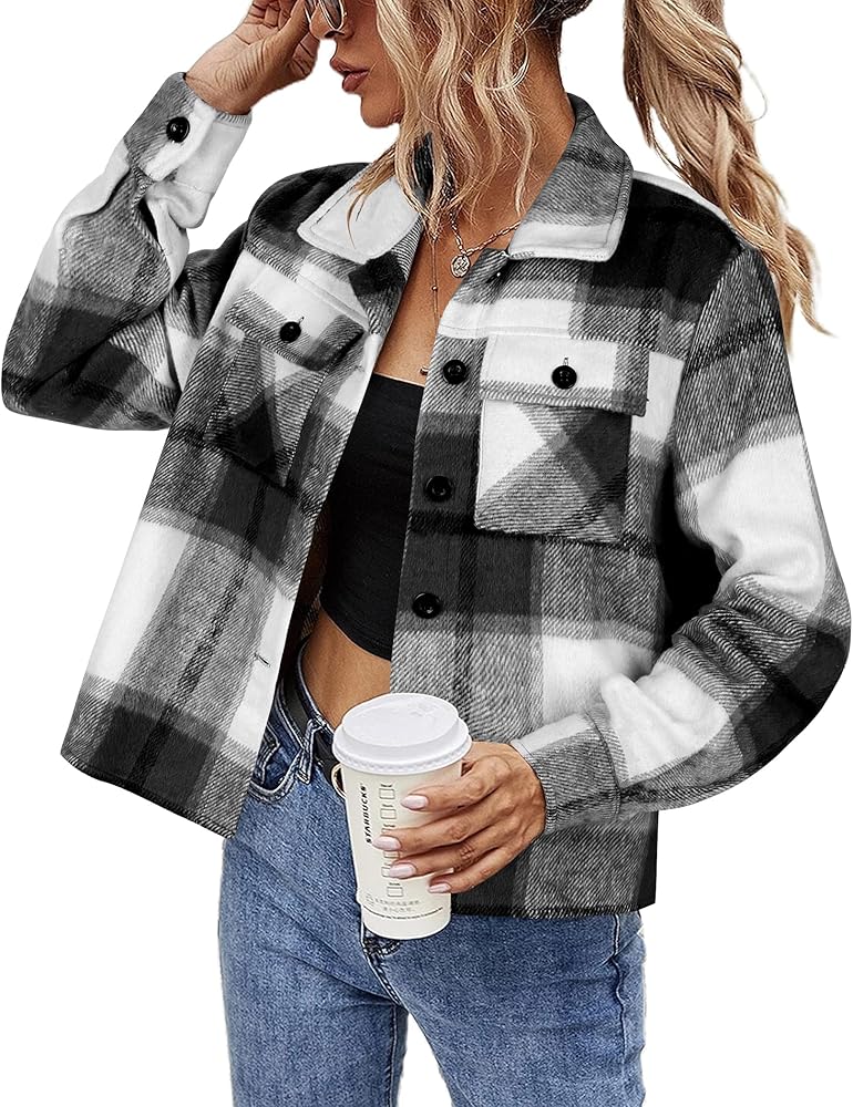 HOTOUCH Cropped Shacket Women Long Sleeve Light Jackets Ladys Flannel Shirts 2024 Fall Fashion Trendy