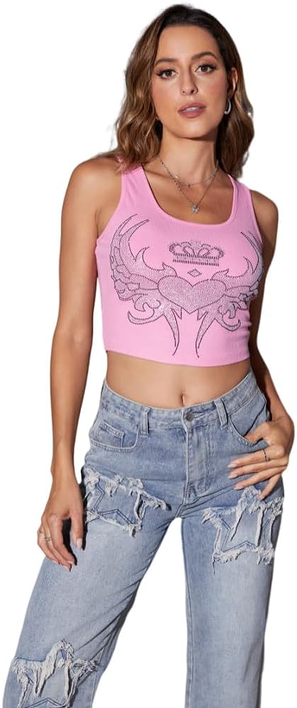 SOLY HUX Women's Y2k Tank Tops Graphic Rib Knit Scoop Neck Sleeveless Crop Top