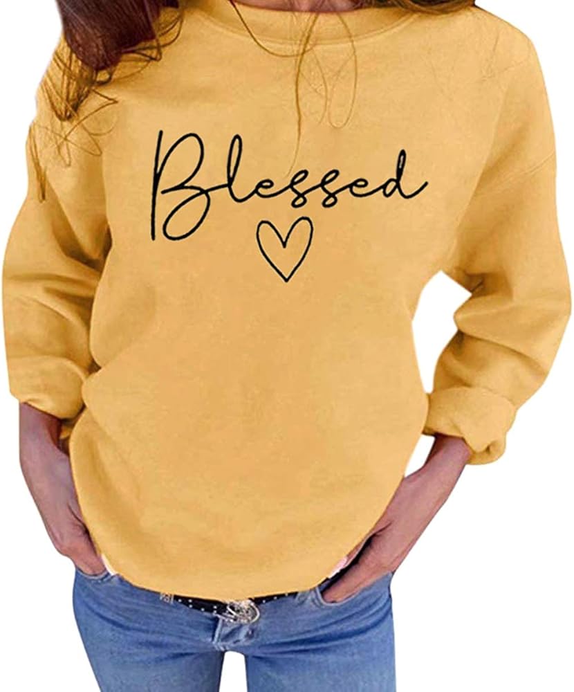 UNIQUEONE Blessed Sweatshirt for Women Letter Print Lightweight Thanksgiving Pullover Tops Blouse