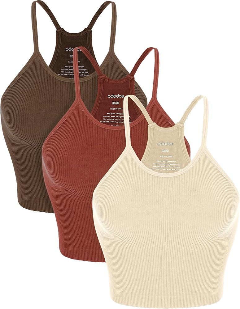 ODODOS Women's Crop 3-Pack Washed Seamless Rib-Knit Camisole Crop Tank Tops