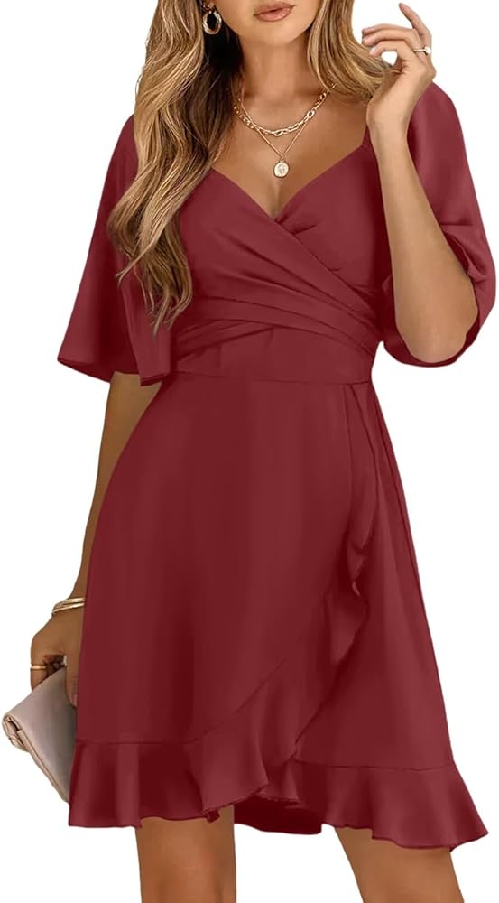 Dokotoo Women's Wrap V Neck Short Flared Sleeve Wedding Guest Dress Smocked Elastic Waist Tiered Belted Ruffle Hem Mini Dress