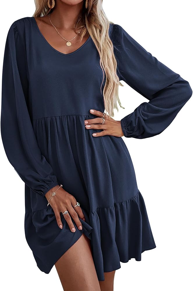 HOTOUCH Women Casual Tunic Dress V Neck Tiered Dress Long Sleeve Fit Swing Shift Dress with Pockets Loose Ruffled Dresses