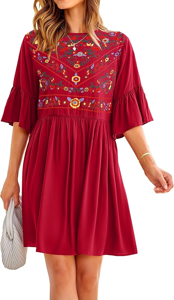 KIRUNDO Women 2024 Summer Boho Floral Embroidered Mini Babydoll Dress Casual Cute Bell Sleeve Flowy Tunic Shift Dresses