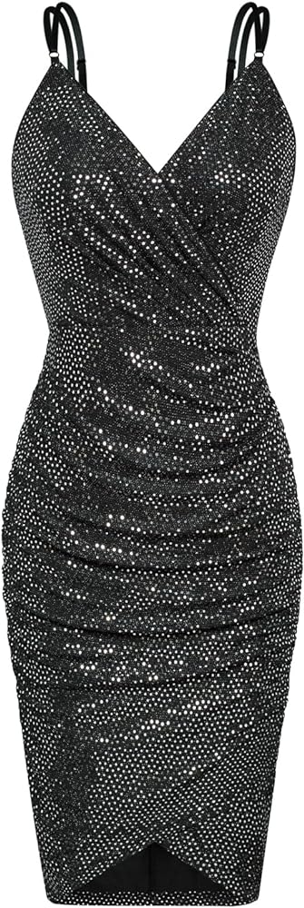 GRACE KARIN Women's Spaghetti Straps Sequin V-neck Ruched Sparkly Glitter Party Bodycon Dress