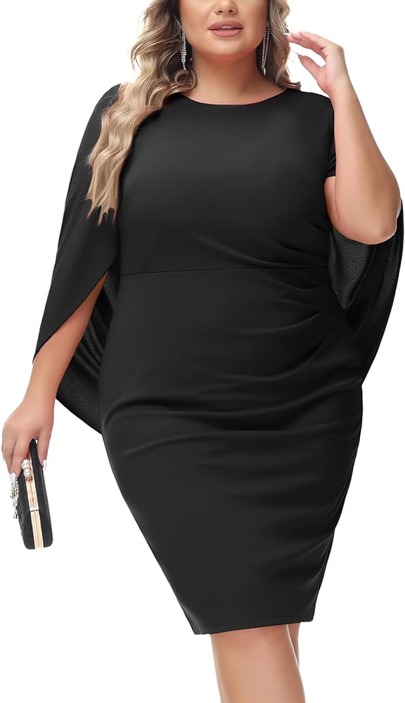 Hanna Nikole Women Plus Size Chiffon Cape Dresses Ruffle Style Midi Bodycon Cocktail Dress