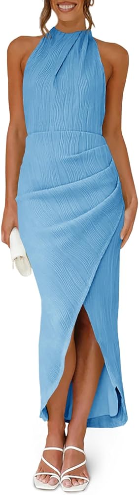 Fisoew Womens Halter Neck Party Dress Sleeveless Slit Textured Backless Slim Fitted Ruched Sexy Midi Cocktail Dresses