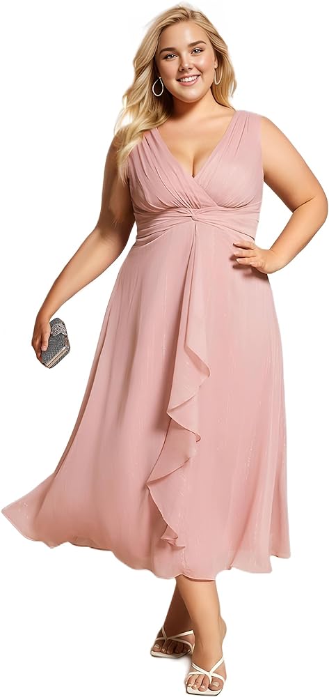 Ever-Pretty Women's Sleeveless V Neck A Line Pleated Plus Size Tea Length Wedding Guest Dresses 11977-DA