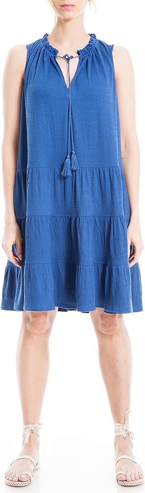 Max Studio Women's Jersey Sleeveless Neck Tie Tiered Short Dress