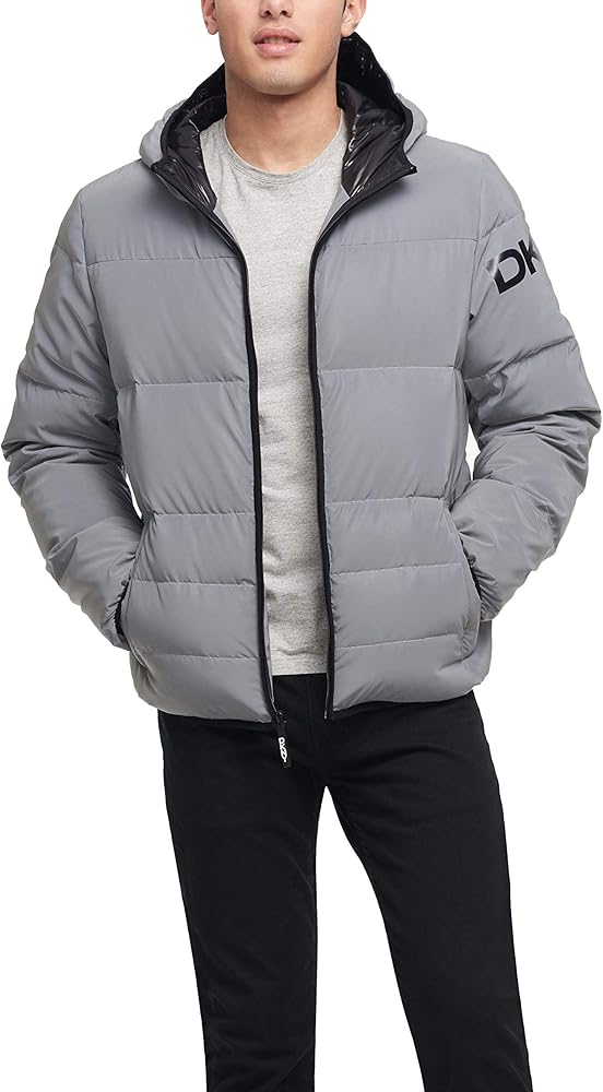 DKNY Men's Water Resistant Ultra Loft Hooded Logo Puffer Jacket (Standard and Big & Tall)