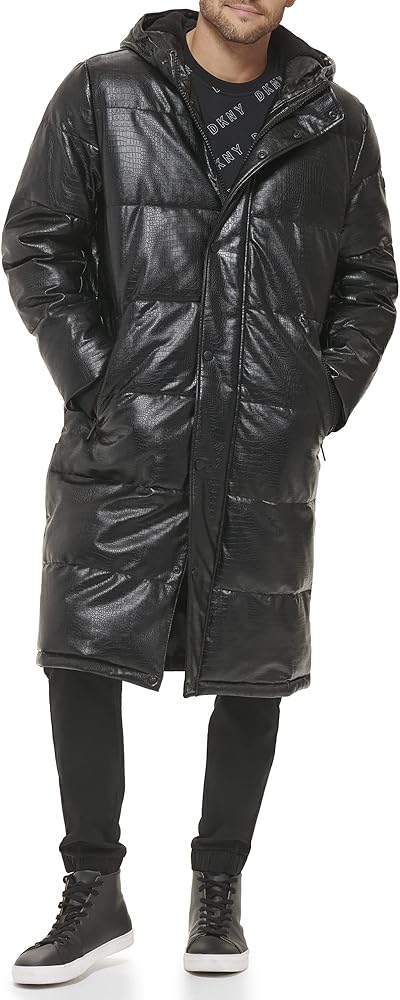 DKNY Men's Faux Leather Long Quilted Fashion Coat