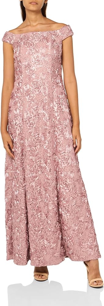 Alex Evenings Women's Long Rosette Off The Shoulder A-line Dress