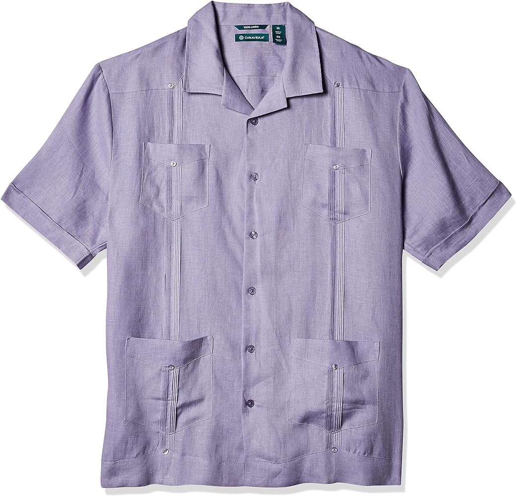 Cubavera Men's 100% Linen Short Sleeve Button-Down Guayabera Shirt with Four Pockets, Camp Collar, Pintuck Detail