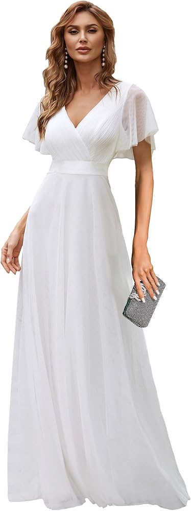 Ever-Pretty Women's Mother of Bride Dress Double V-Neck Empire Waist Front Wrap Tulle Bridesmaid Dress 07962