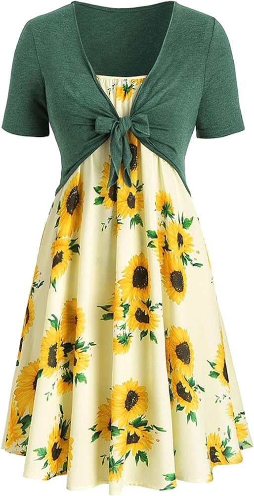 Eduavar Summer Dresses for Women 2024, Boho Dresses for Women 2024 Short Sleeve Bow-knot Tops Sunflower Print Midi Dress