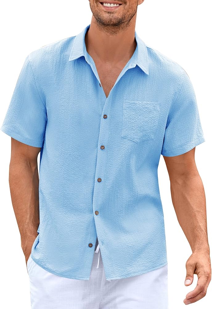 Mens Short Sleeve Shirt Textured Button Down Crinkled Summer Beach Casual Lightweight Shirts Tops