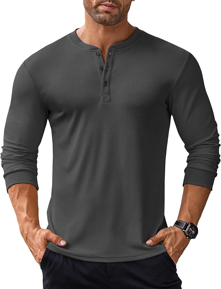 COOFANDY Men's Long Sleeve Henley Shirts Stretch Ribbed T-Shirts Fashion Casual Basic Tops