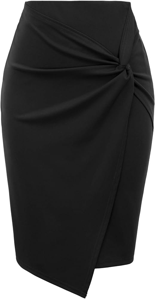 Kate Kasin Wear to Work Pencil Skirts for Women Elastic High Waist Wrap Front Knee Length Bodycon Skirt Tummy Control