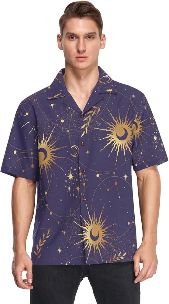 ALAZA Sun Moon Stars Geometric Hawaiian Shirt for Men, Short Sleeve Summer Beach Casual Shirt