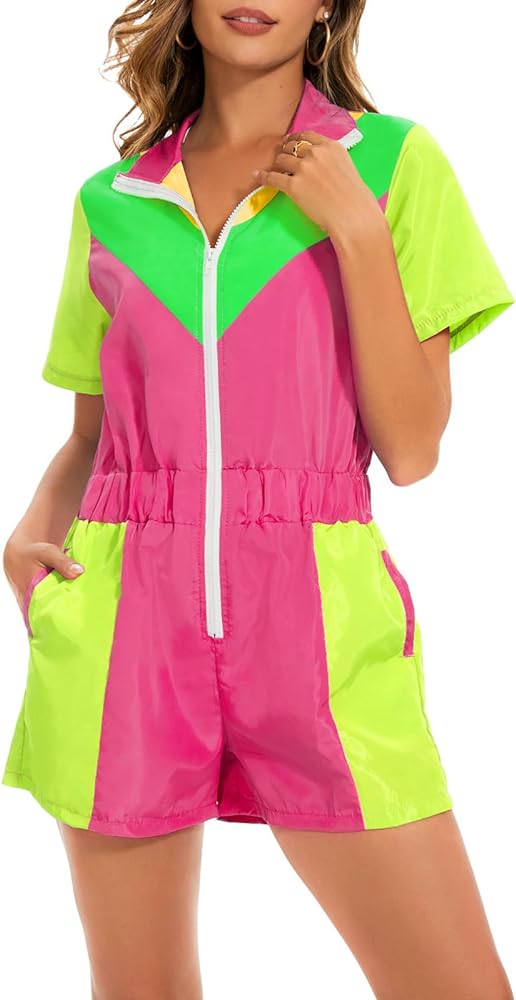 Yisfri Color Block One Piece Windbreaker Outfits for Women Neon Short Sleeve Zip Front Elastic Waist Jumpsuit Overall