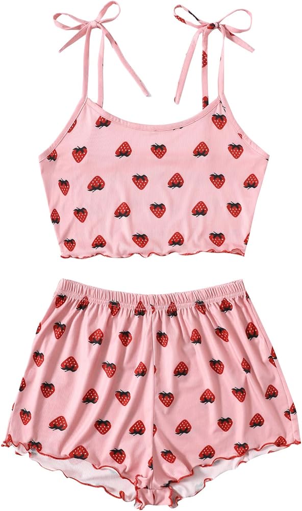 SweatyRocks Women's Summer Strawberry Print Cami Top and Shorts Sleepwear Pajamas Set