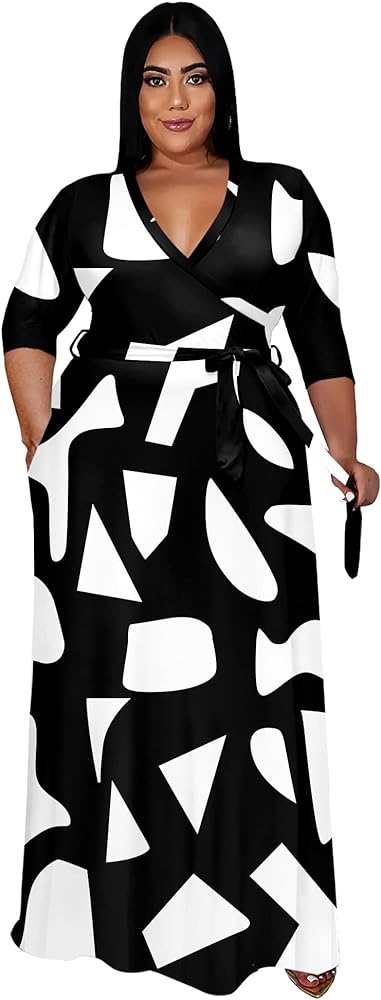 Runwind plus size dress for women - 3/4 sleeve V neck printing maxi dresses for women （XL-6XL）