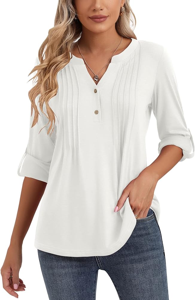 3/4 Sleeve Tops for Women V Neck Henley Long Sleeve Dressy Casual Shirts Ladies Loose Button-up Blouses Tunic