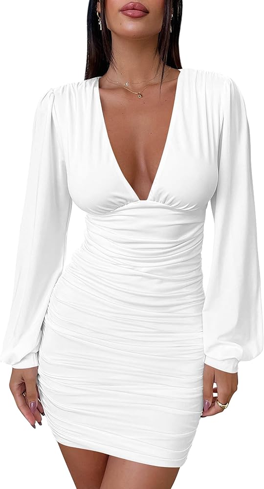 Mokoru Women's Sexy Ruched Bodycon Long Sleeve V Neck Mini Party Cocktail Dress