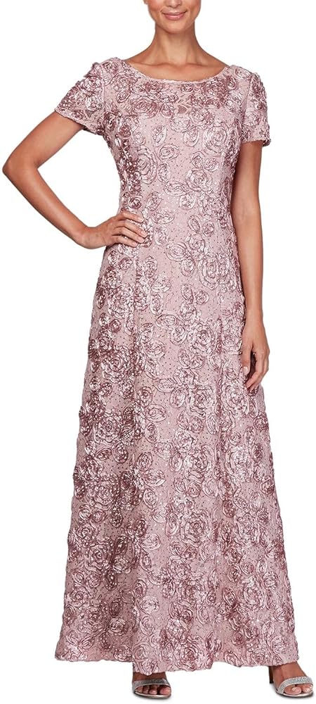 Alex Evenings Women's Long Rosette Lace Cap Sleeve Gown