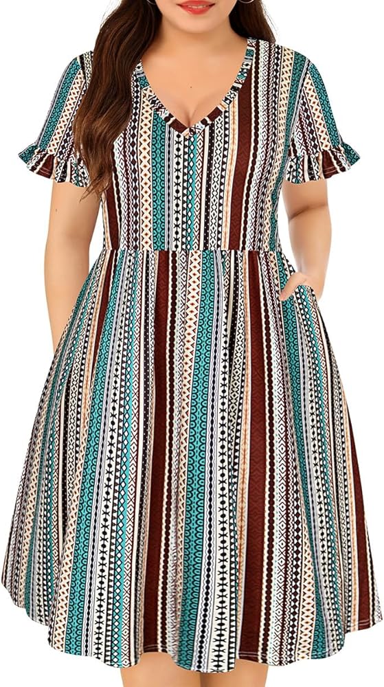 CARCOS Plus Size Dresses for Curvy Women V Neck Short Sleeve Dresses Floral/Striped Summer Boho Dresses with Pocket XL-5XL