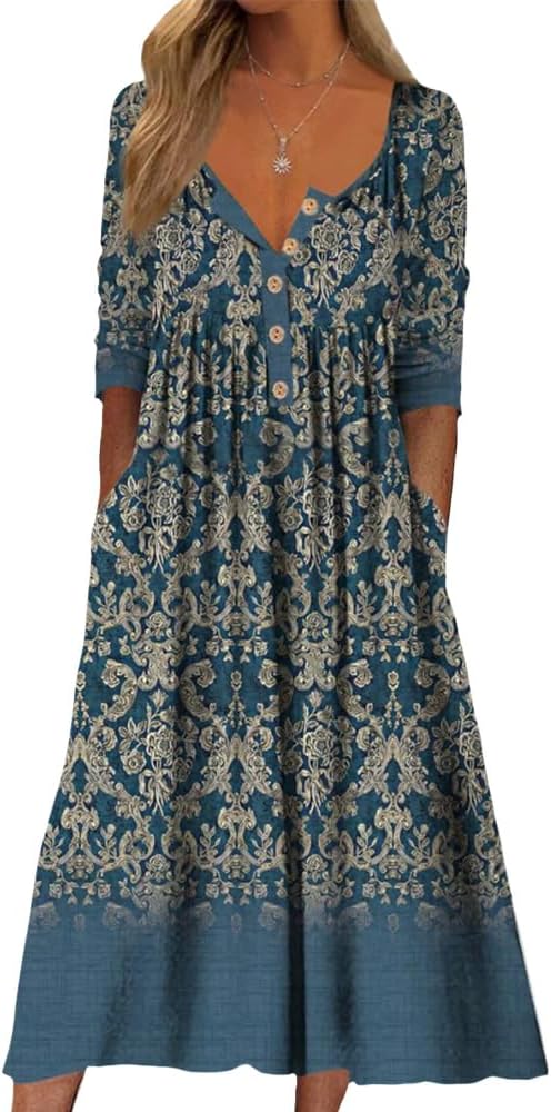 Guteidee Women's Boho Floral Long Sleeve Midi Dress Casual Loose Flowy Vacation Dresses with Pockets