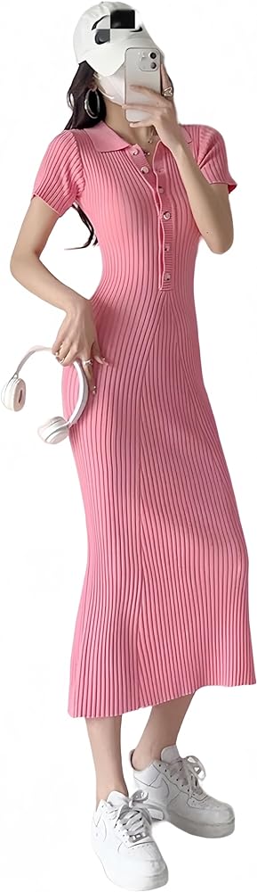 Women's summer sexy POLO collar button ribbed short sleeved knitted Slim Fitting dress