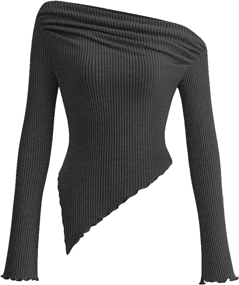 PRETTYGARDEN Women's Long Sleeve Y2K Crop Top Trendy Off Shoulder Asymmetrical Fitted Knit Tee Shirts Going Out Tops