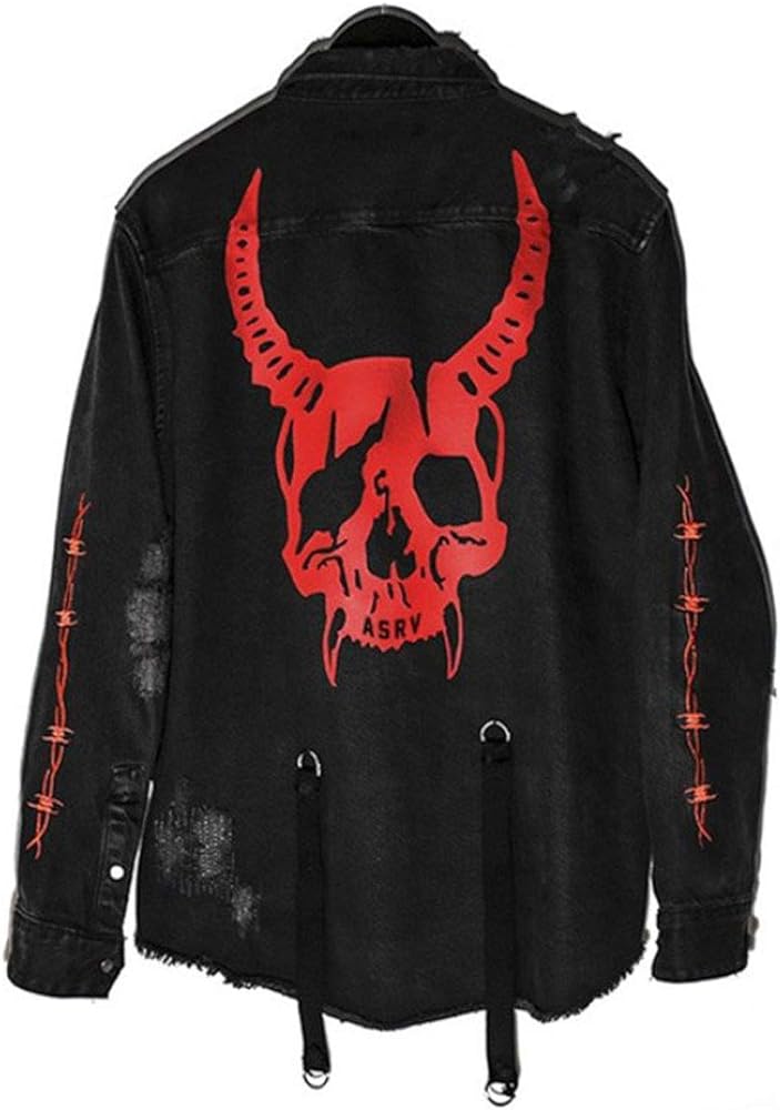 ebossy Men's Skull/Cobra Print Hipster Hip-Hop Distressed Frayed Denim Jean Jacket