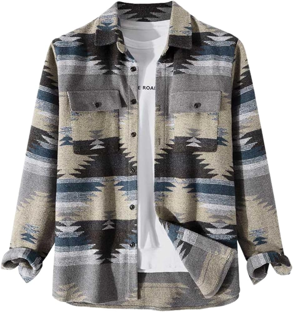 FindThy Men’s Brushed Flannel Shirts Ethnic Aztec Print Button Up Lapel Tribal Shirt Jacket Shacket