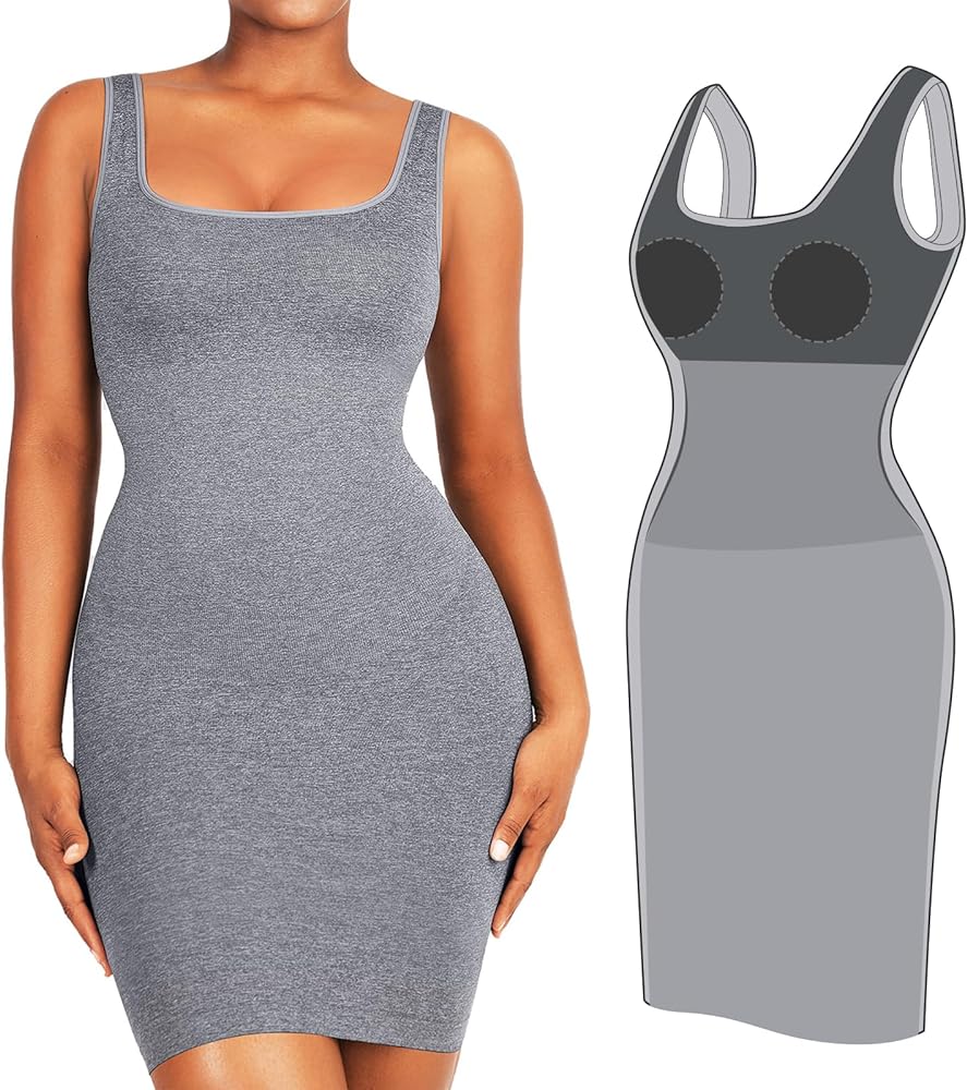 FeelinGirl Women Summer Bodycon Dresses Sleeveless Casual Party Tummy Control Shapewear Dress with Removable Bra