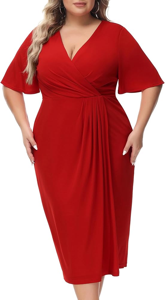 Hanna Nikole Women's Plus Size Wrap V-Neck Bell Short Sleeve Midi Dress for Wedding Guest Cocktail Party Business Events