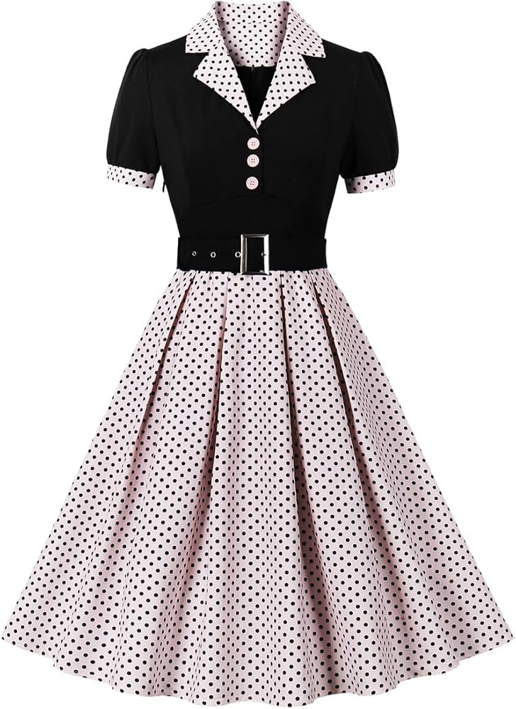 1950s Dresses for Women Vintage Rockabilly Retro Short Sleeve Tie Midi Dress Cocktail Party Evening Prom Gown