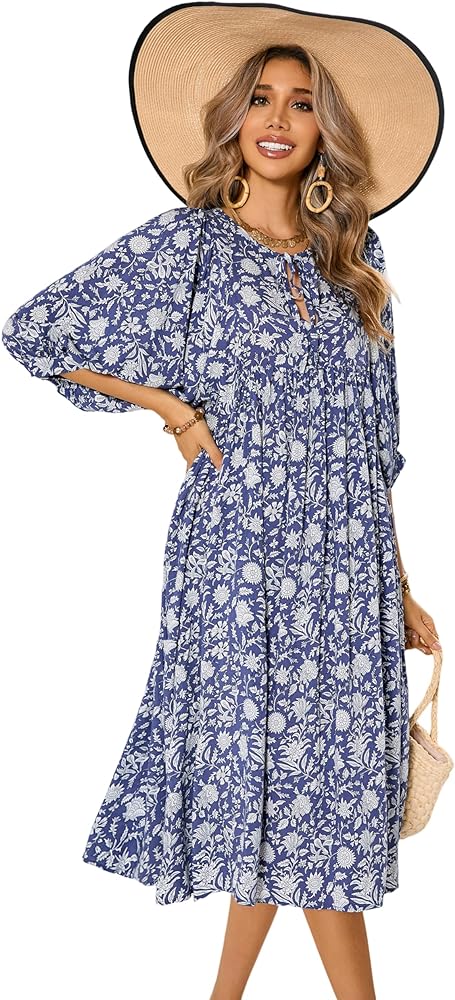 R.Vivimos Womens Summer Casual Midi Dress Lantern Sleeve Tie V Neck Boho Floral Print Loose Fit Flowy Long Dresses