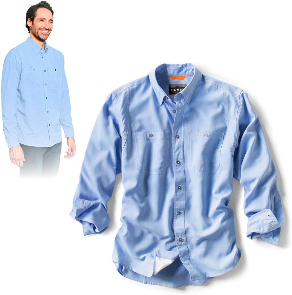 Orvis Tech Chambray Long Sleeve Men's Work Shirts - Lightweight Quick-Drying UPF 40 Chambray Fabric Casual Men's Shirts