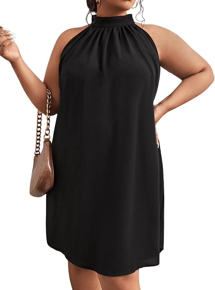 SOLY HUX Women's Plus Size Halter Sleeveless Keyhole Back Casual Short Dress