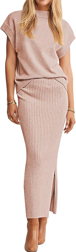 Pink Queen Women's 2 Piece Sweater Outfits Set Summer Cap Sleeve Tops Bodycon Maxi Long Skirt Knit Dresses