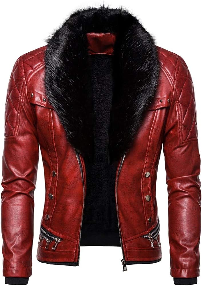 Men's Zipper Removable Fur Collar Jacket,Leather Vintage Steam Pocket Punk Gothic Retro Coat