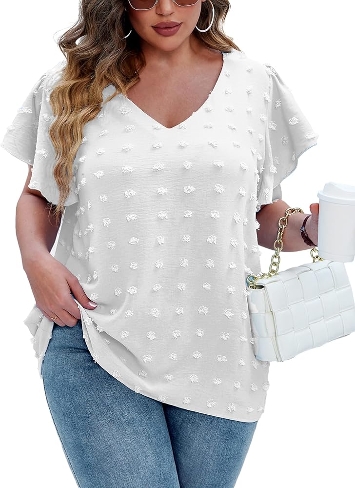 IN'VOLAND Womens Plus Size White Blouse Dressy V Neck Cute Ruffle Sleeve Summer Tops Flowy Pom Pom Tshirts