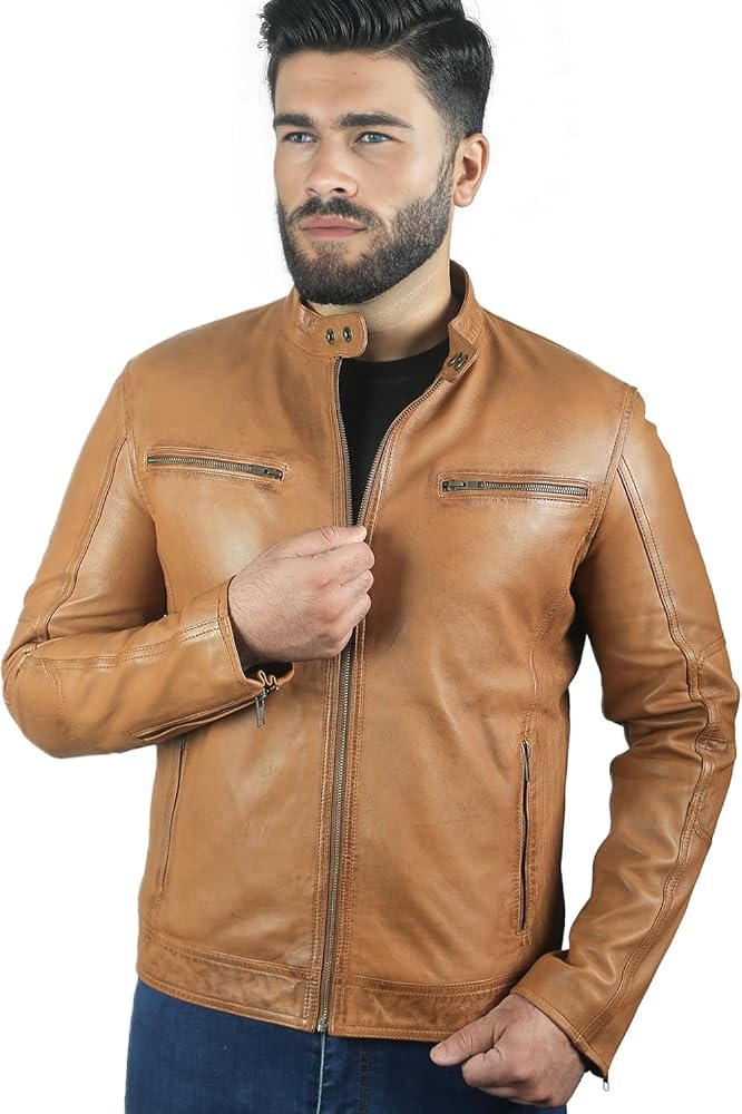 Mens Real Leather Jacket | Waxed Vintage Biker Jacket | Soft Brown Genuine Lamb Skin Motorcycle Jacket